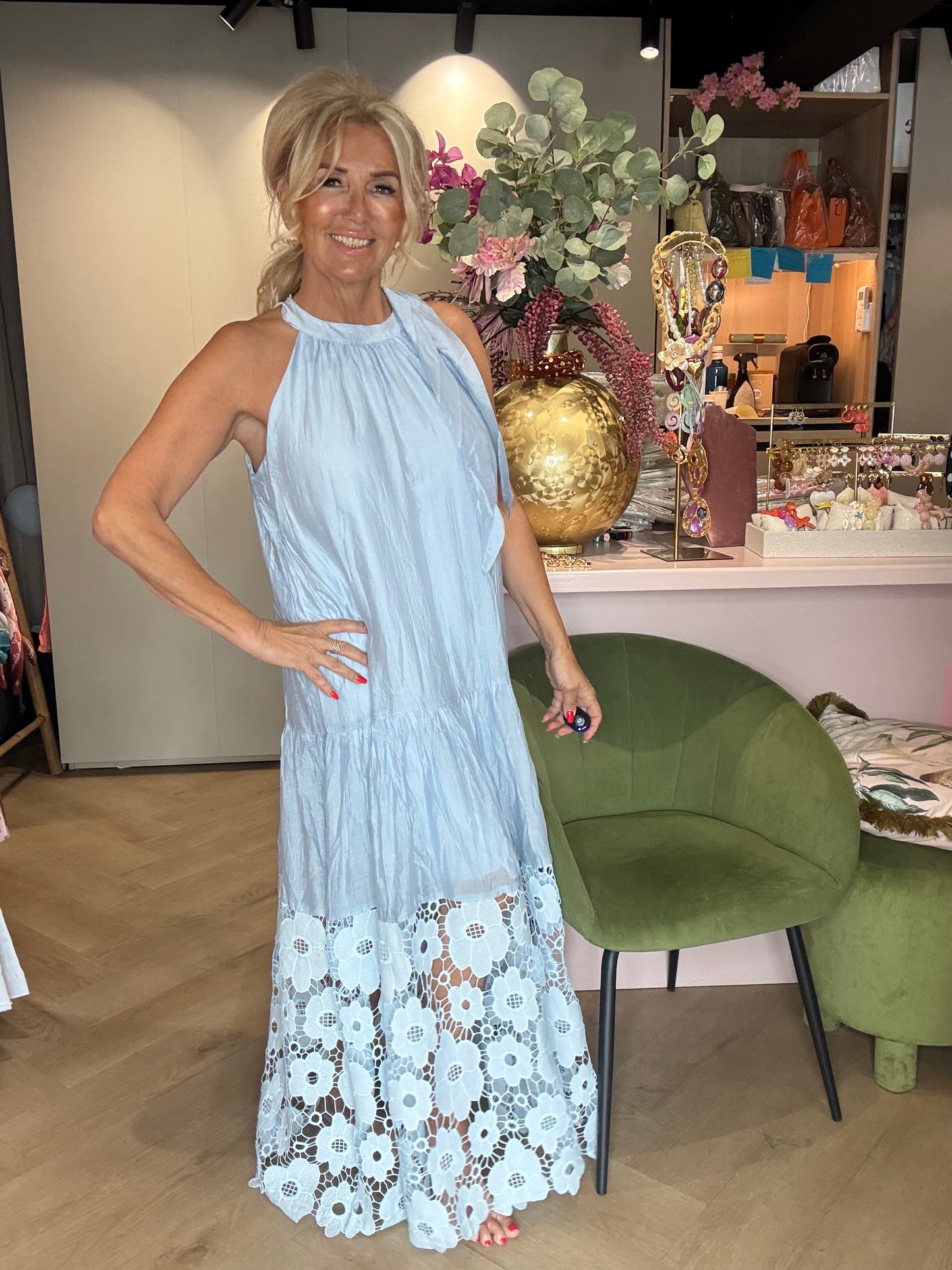 Jurk Halter Flower licht blauw