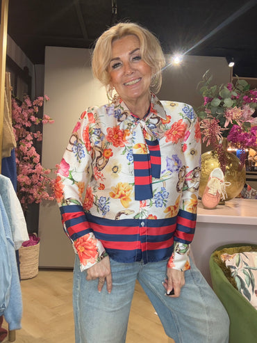 Blouse Satijn-Look met Strik Rood/Blauw