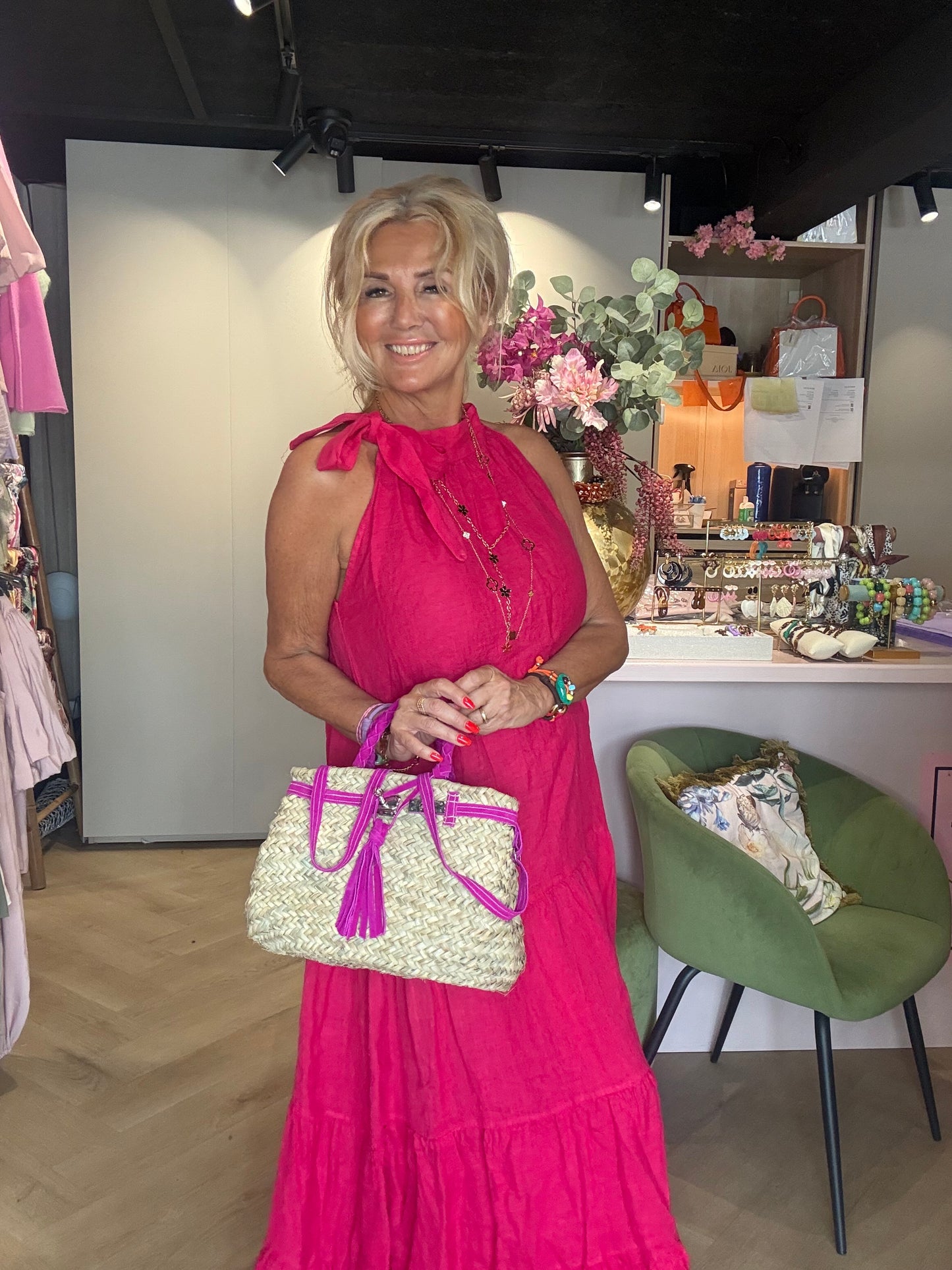 Jurk linnen halter strik fuchsia