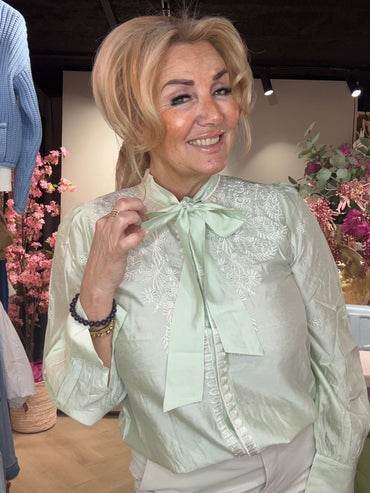 Blouse Satijn Look Borduurwerk Groen