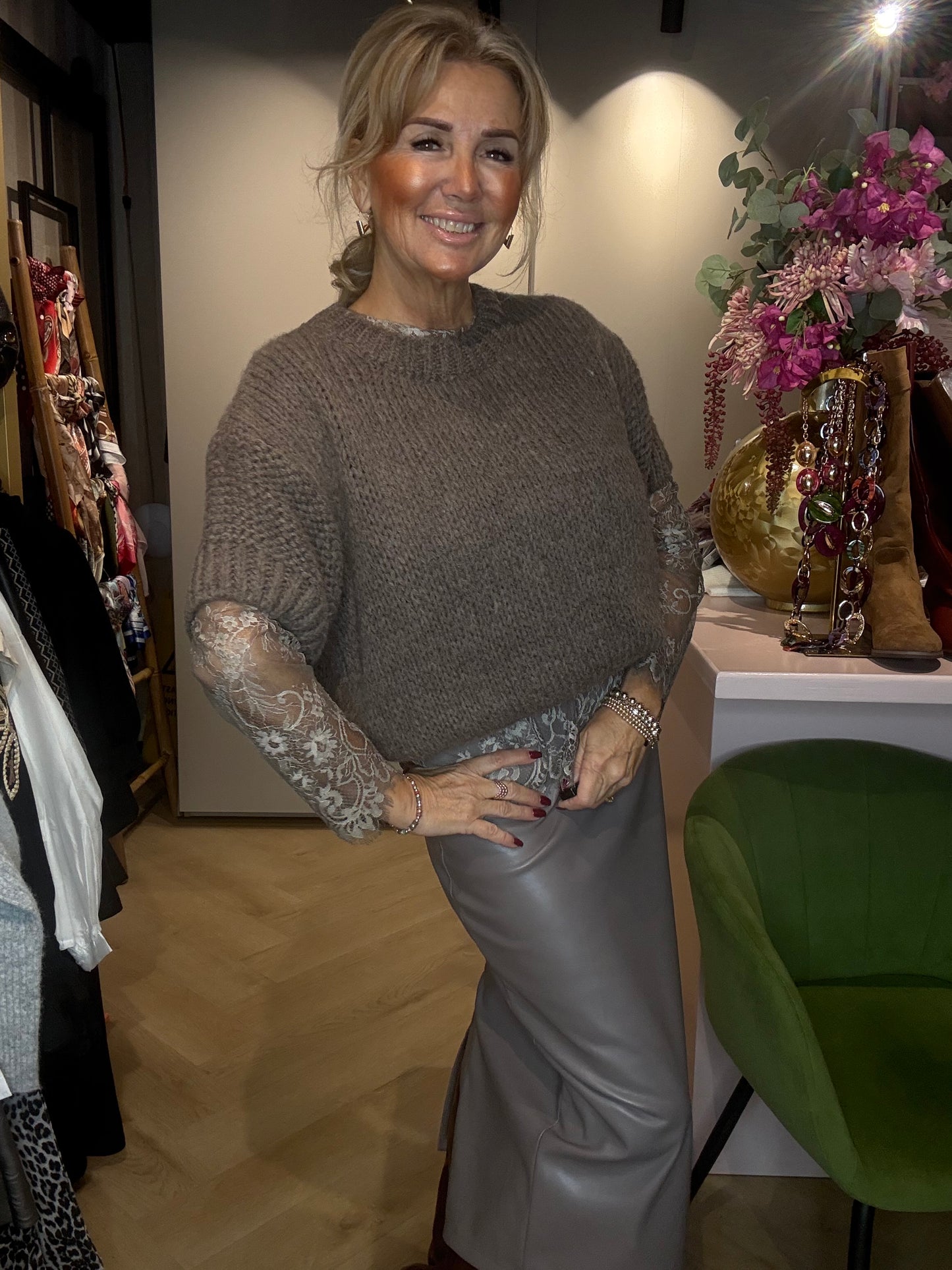 Trui Grof Gebreid Korte Mouw Taupe