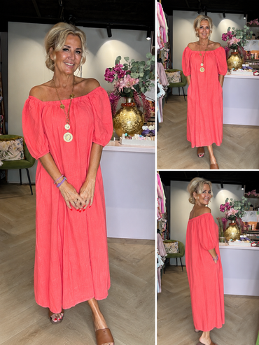 Leinenkleid Koralle mit Ballonärmeln