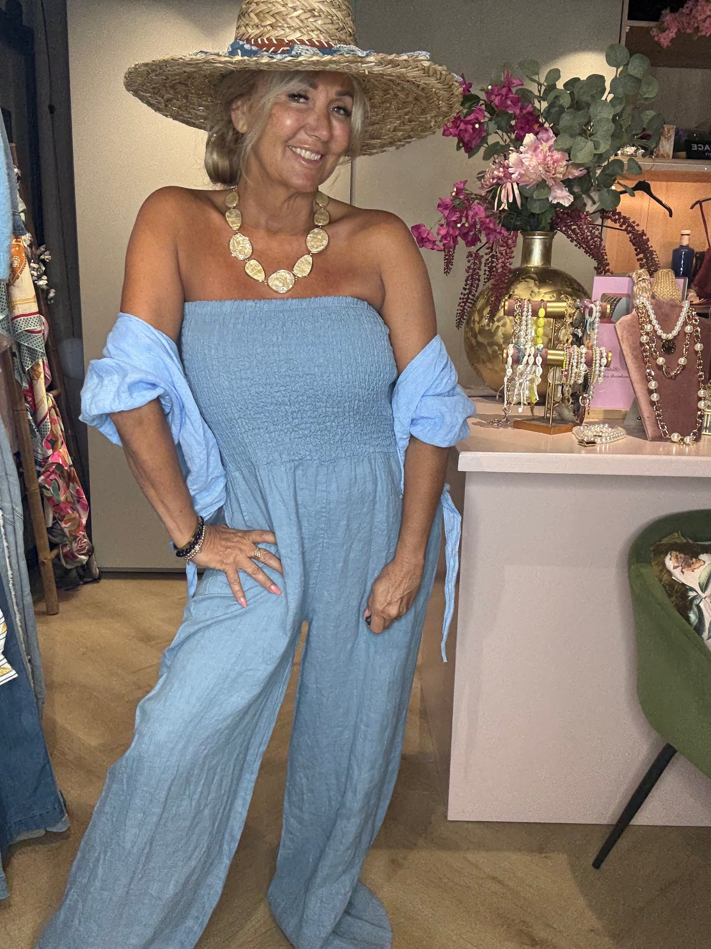 Jumpsuit Lichtblauw Linnenlook