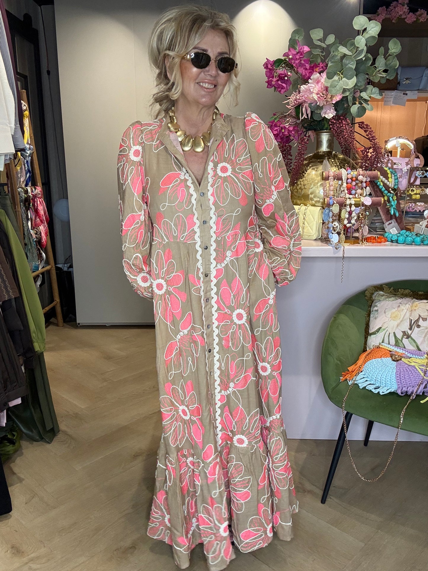 Boho Embroidery Maxi Jurk Taupe