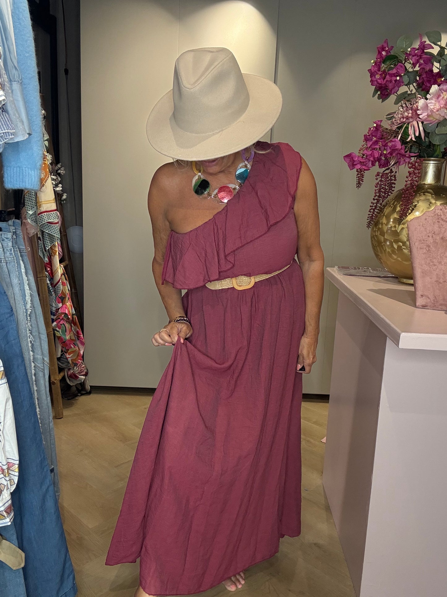 One Shoulder Bordeaux Dress