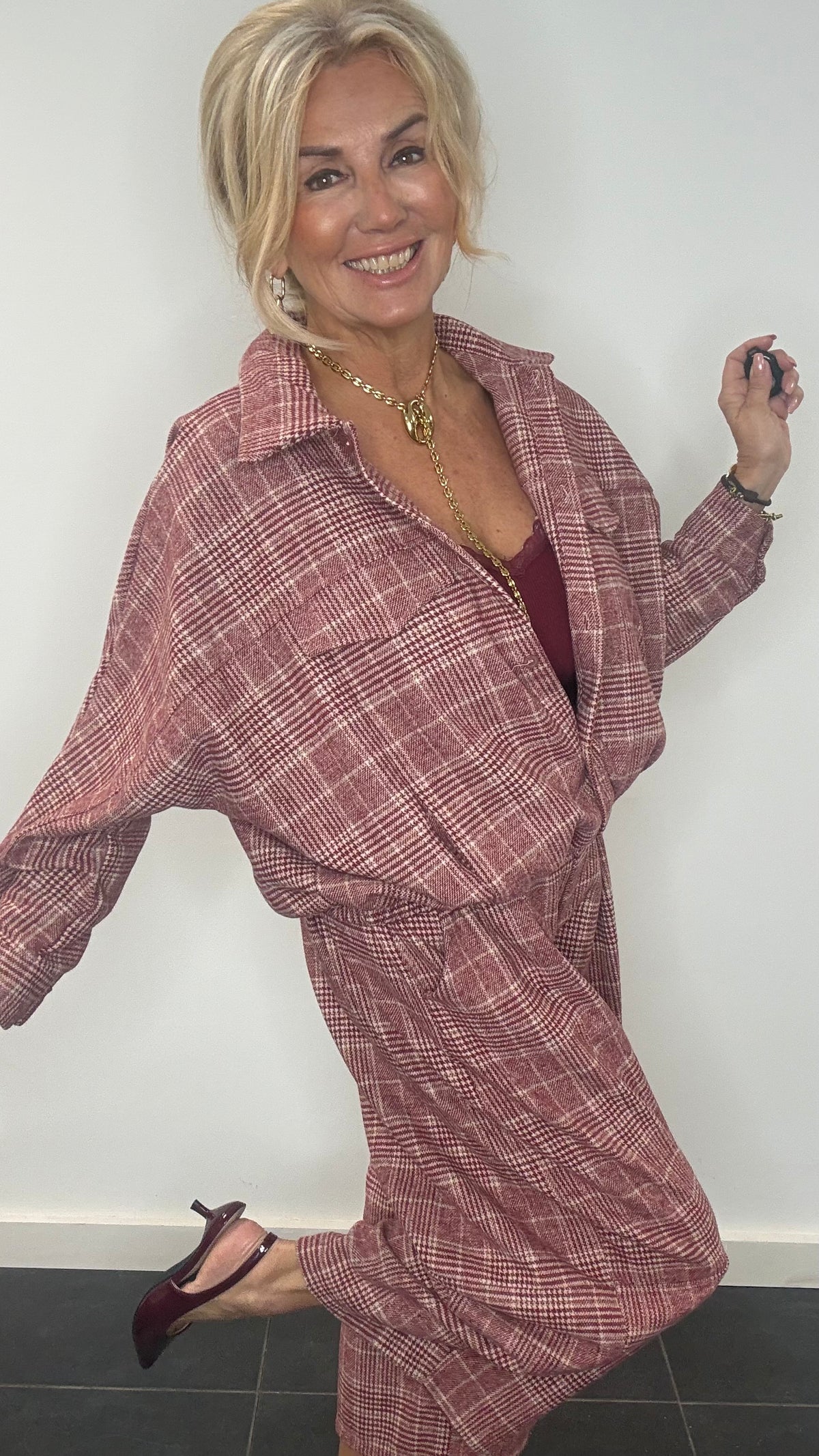Jenny Check Culotte Trousers Burgundy