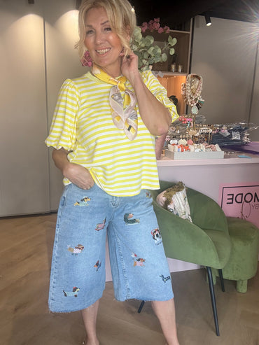 T-shirt med ballonærme og stribe, gul