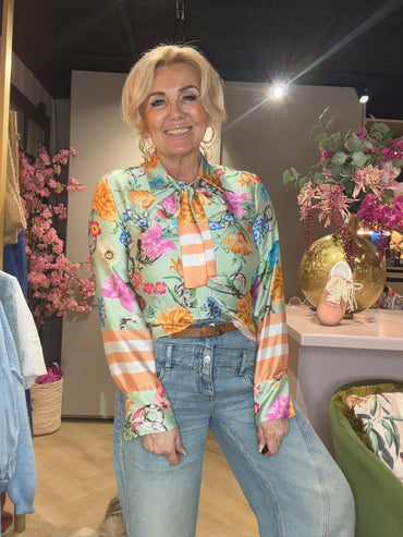 Blouse Satijn-Look met Strik Zalm/Beige