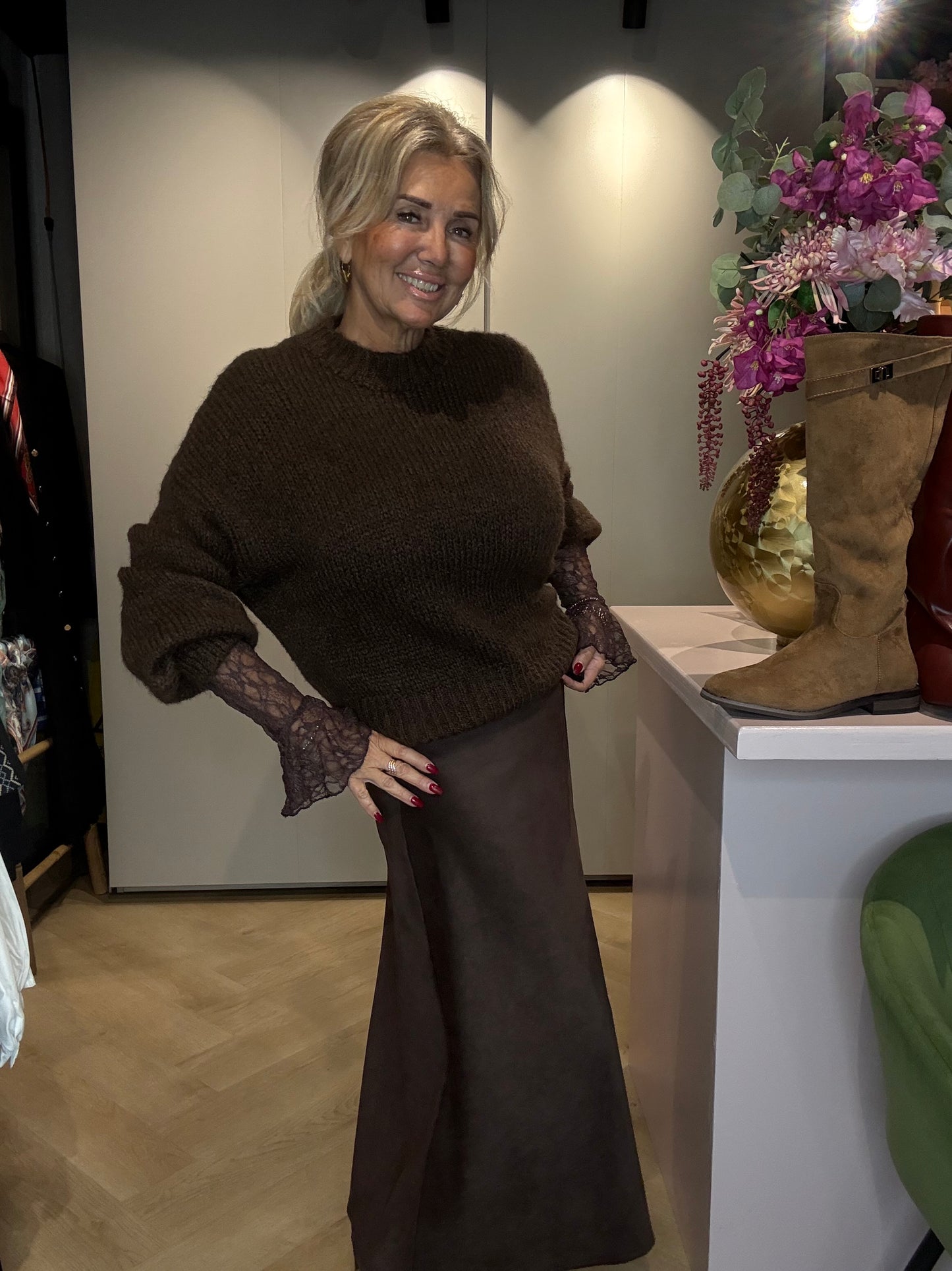 Lace top Bruin trompet mouw