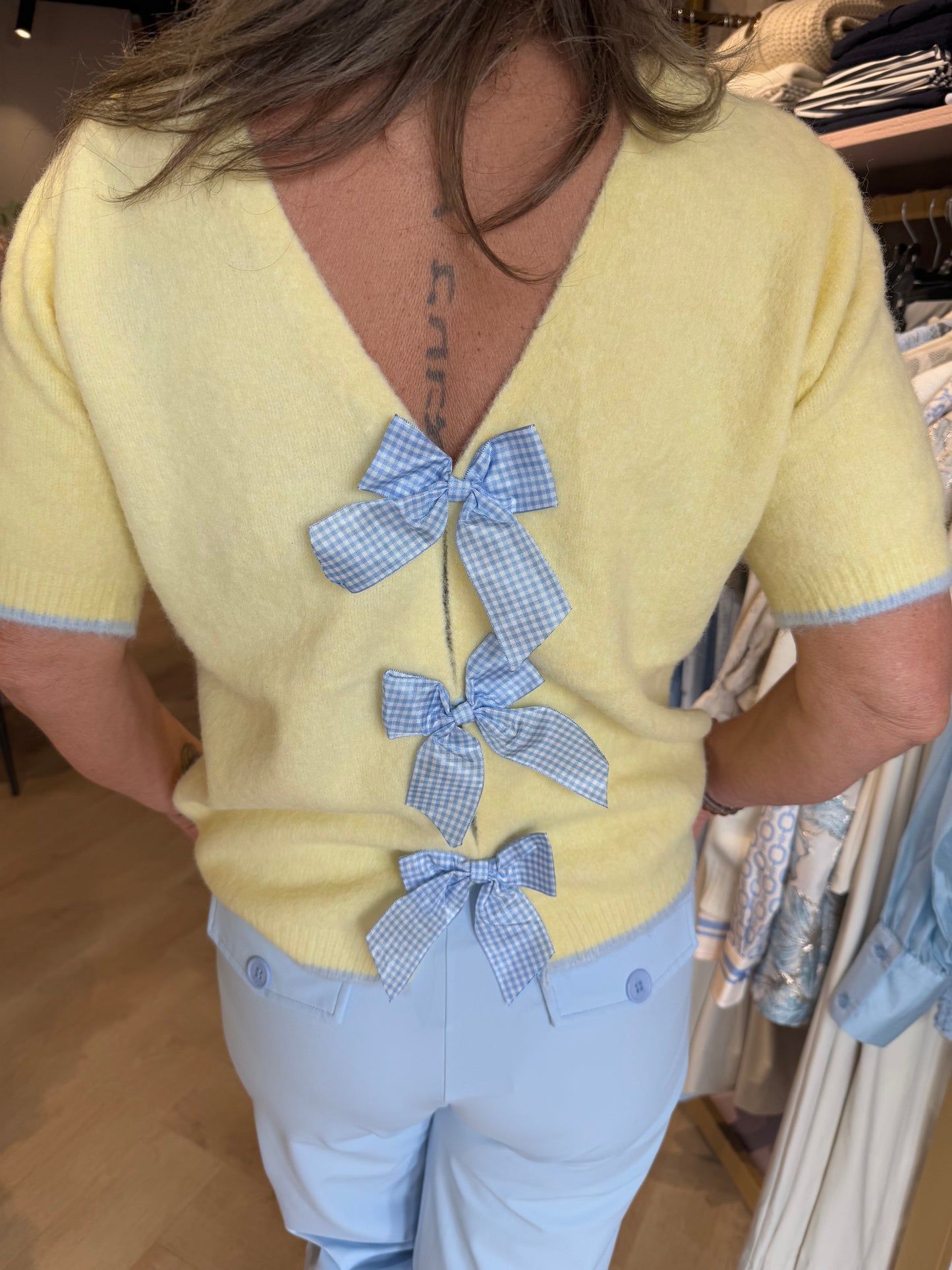 Trui Zacht Geel 3x Strick Blauw geruit