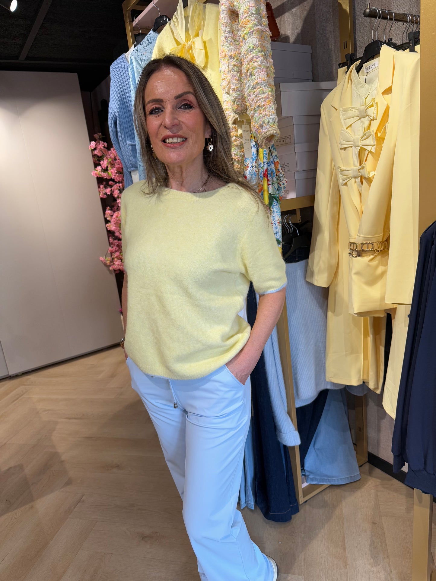 Trui Zacht Geel 3x Strick Blauw geruit