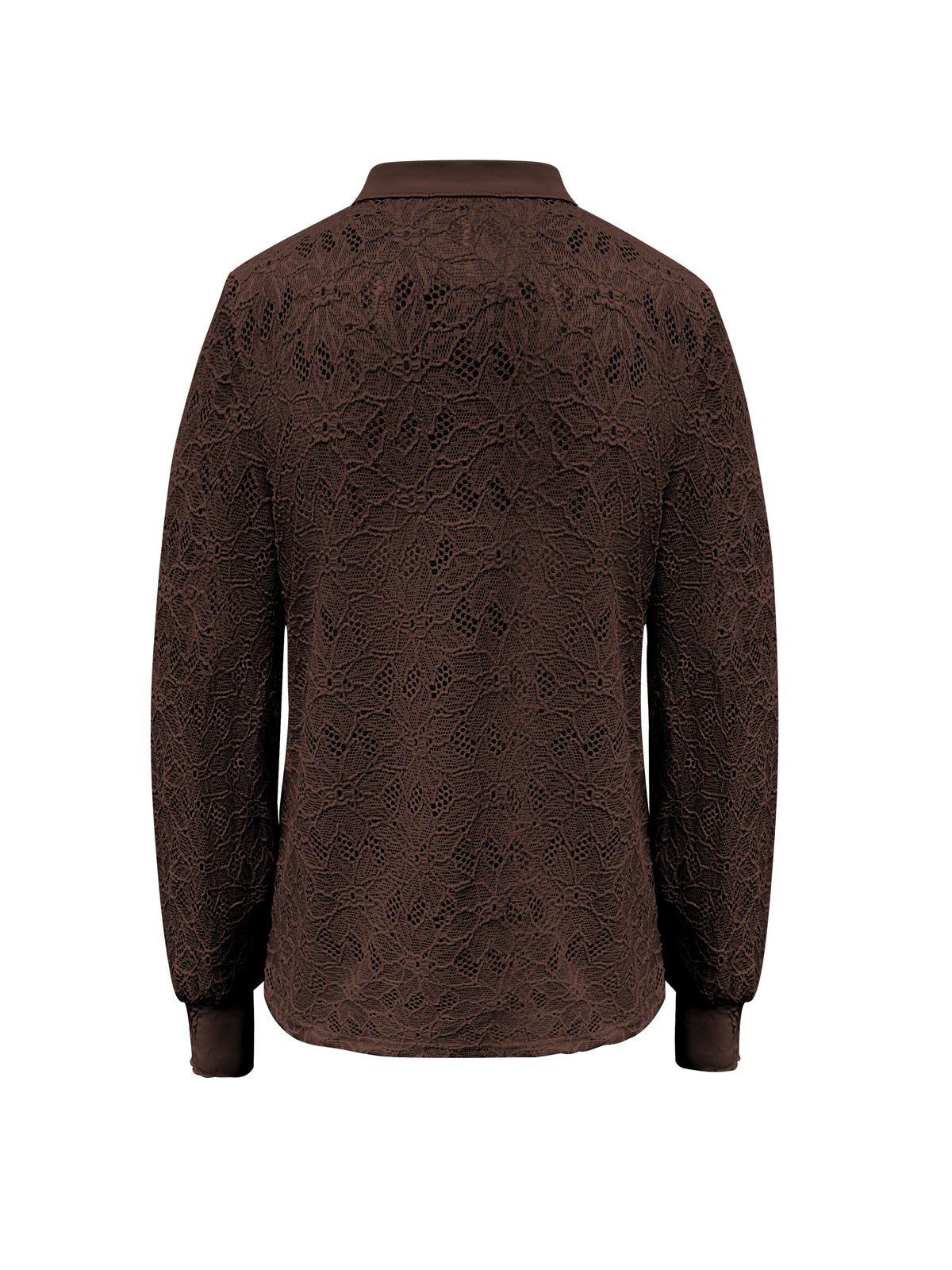 Donkerbruine kanten blouse van Triple Nine met goudkleurige knopen, voorkant