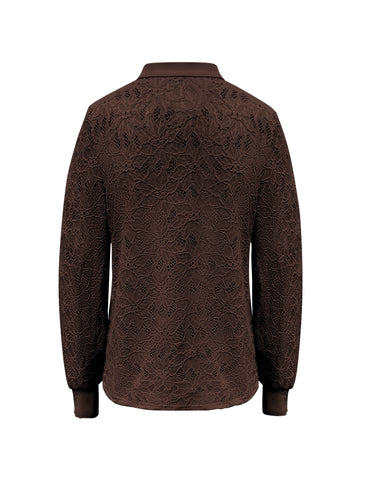 Donkerbruine kanten blouse van Triple Nine met goudkleurige knopen, voorkant
