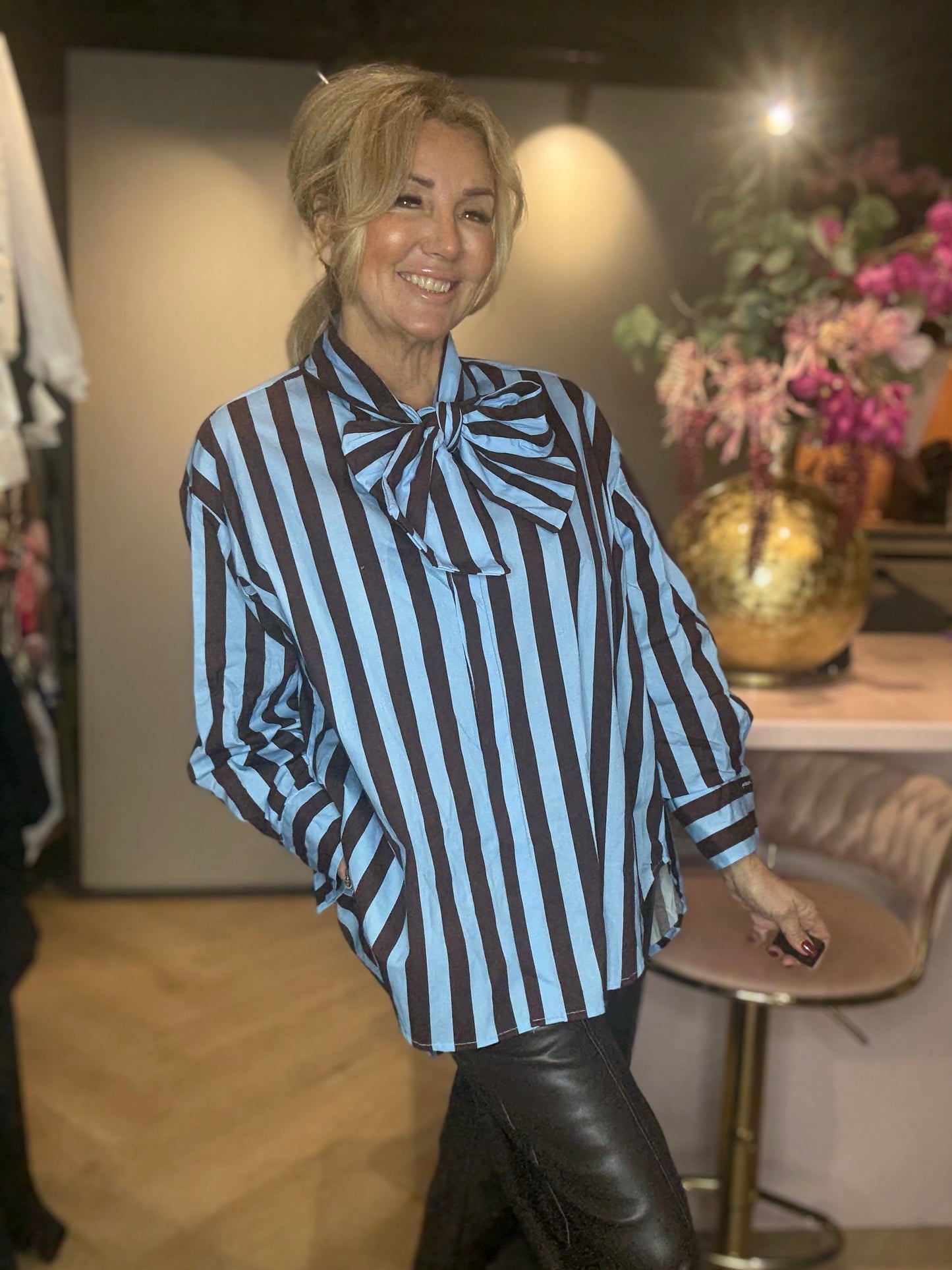 Blouse Bruin Streep Bow