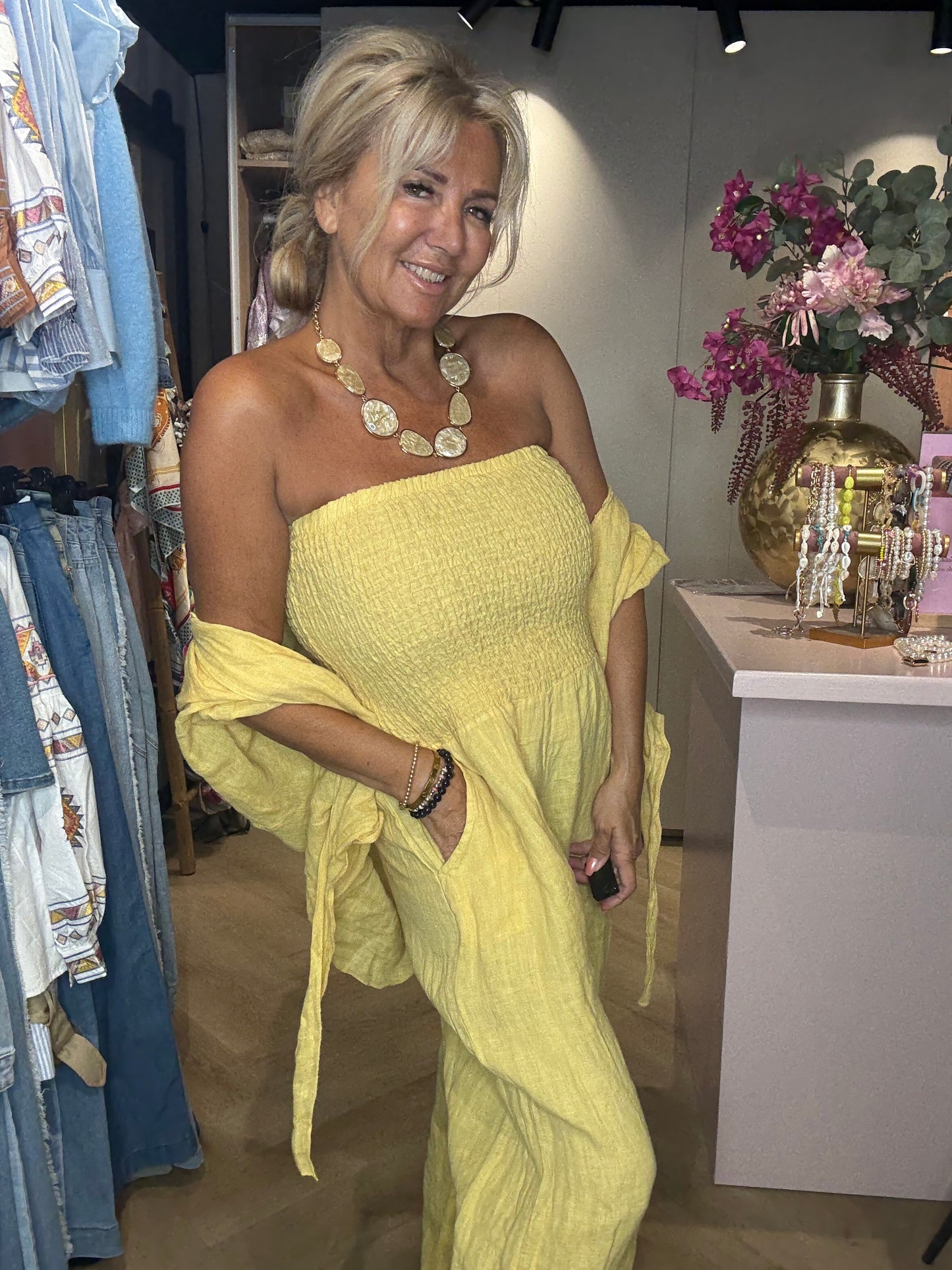 Jumpsuit zacht Geel Linnen Look 🌼