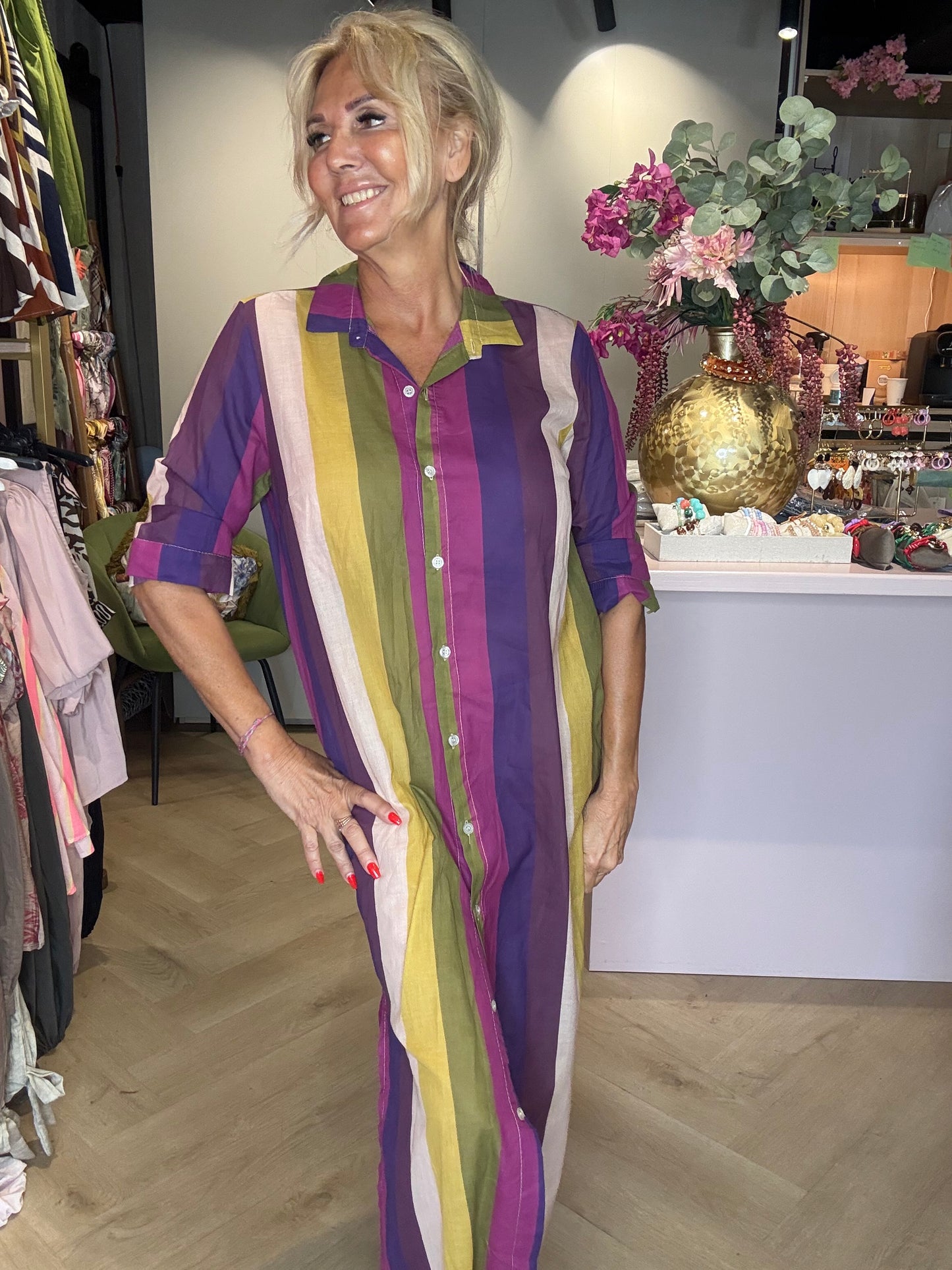 Jurk doorknoop streep paars