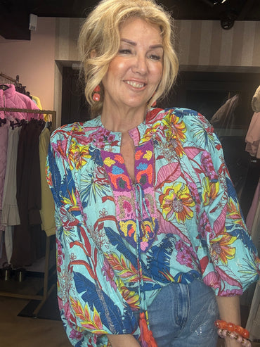 Blouse BOHO Flower Blauw / Turqoise