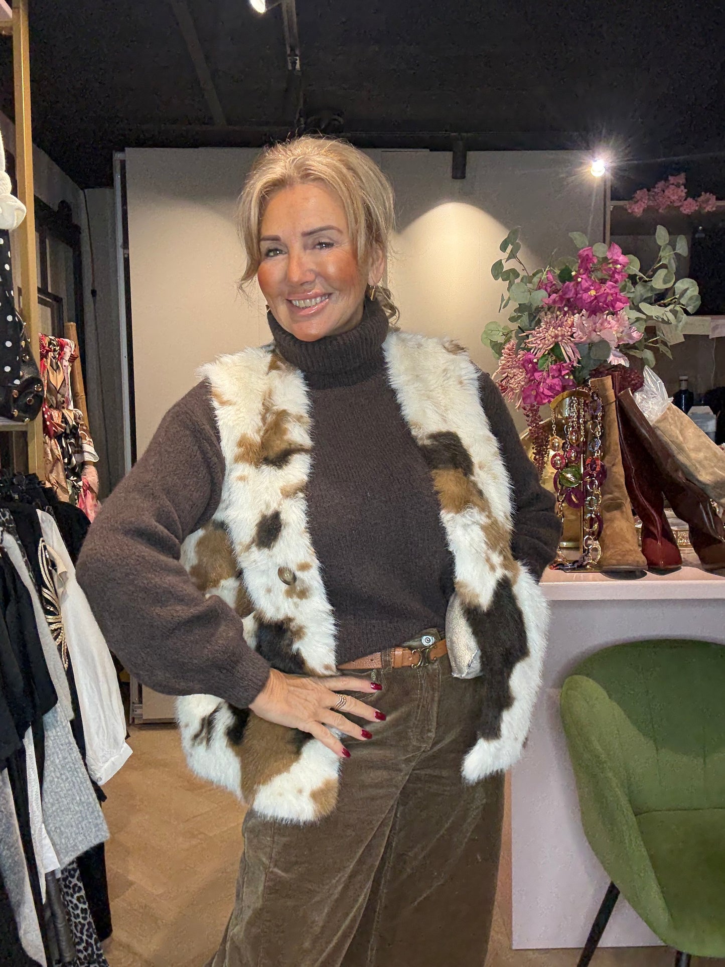 Bodywarmer fake Furr koeien 🐄 vlekjes Bruin