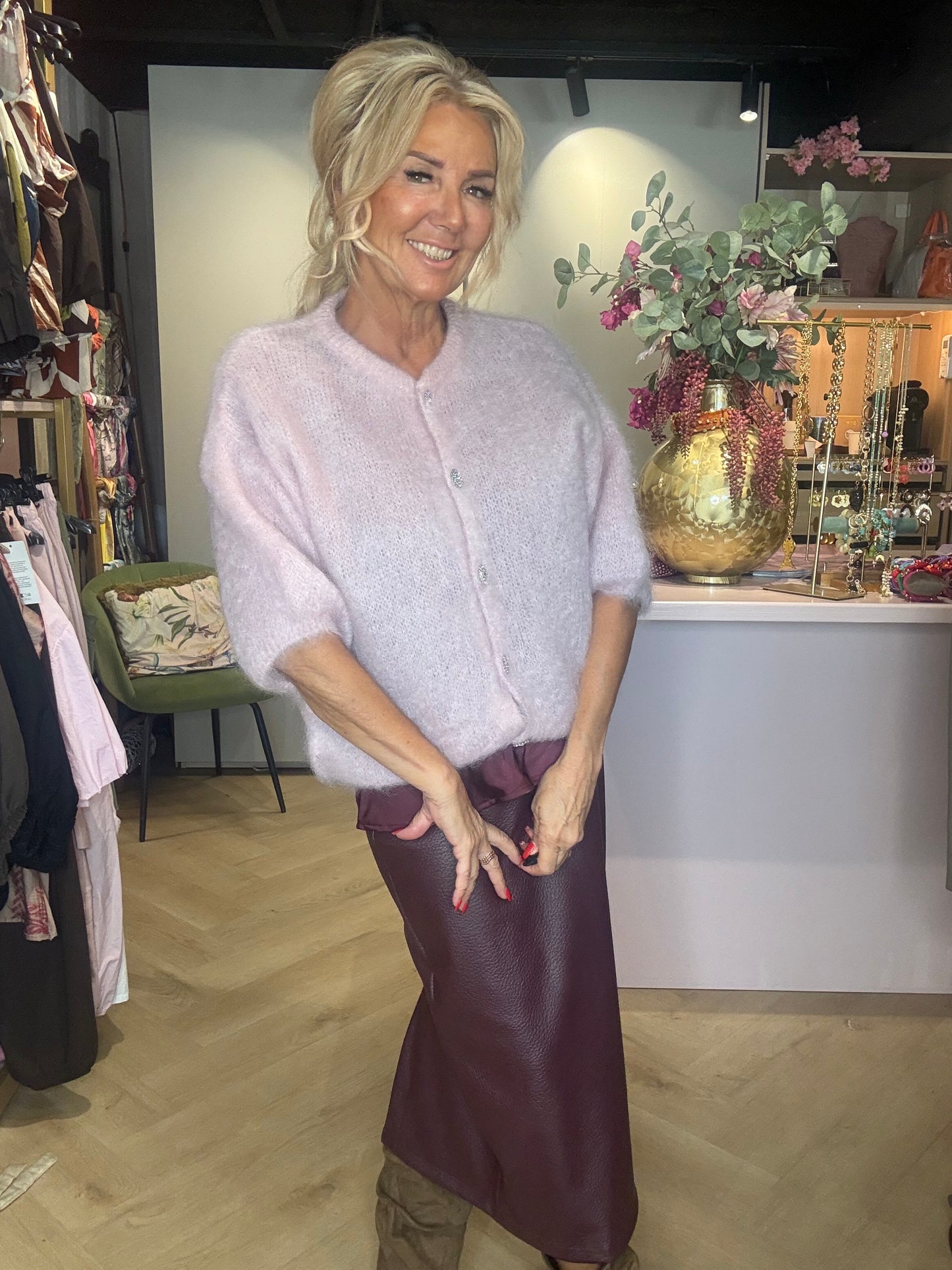 Vest mohair poeder Rose Strass korte mouw