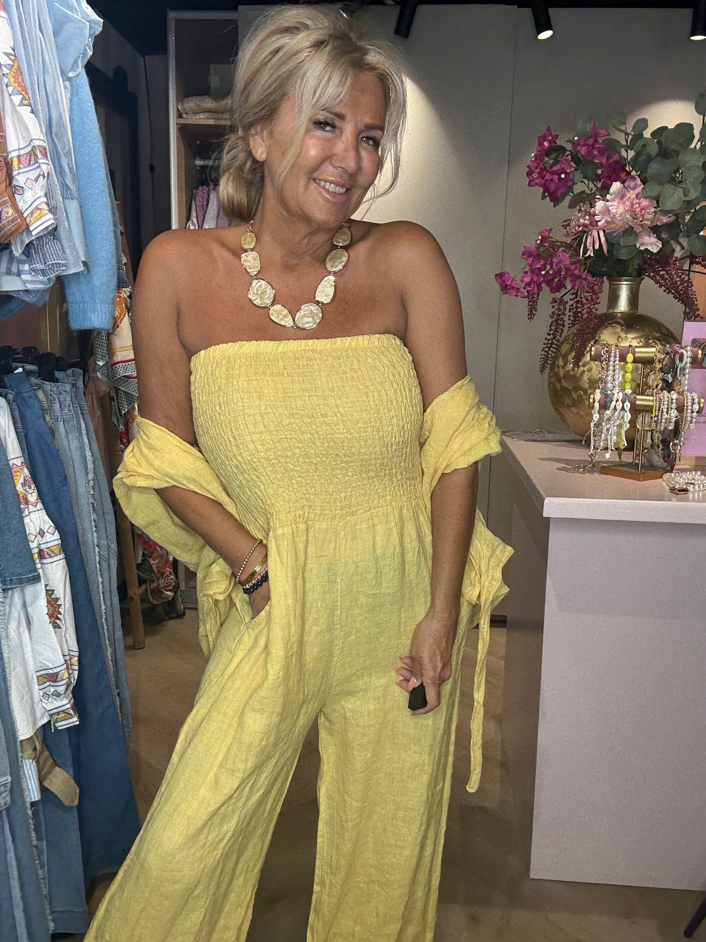 Jumpsuit zacht Geel Linnen Look 🌼