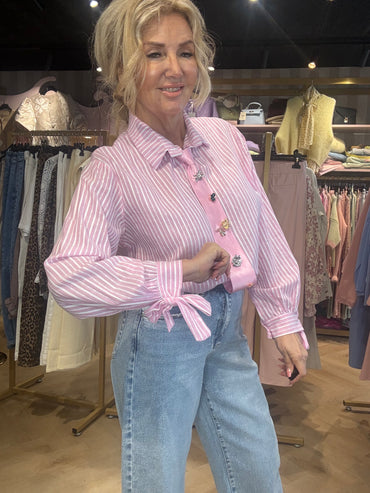 Blouse Louise Rose / Wit Streep met strik Manchet