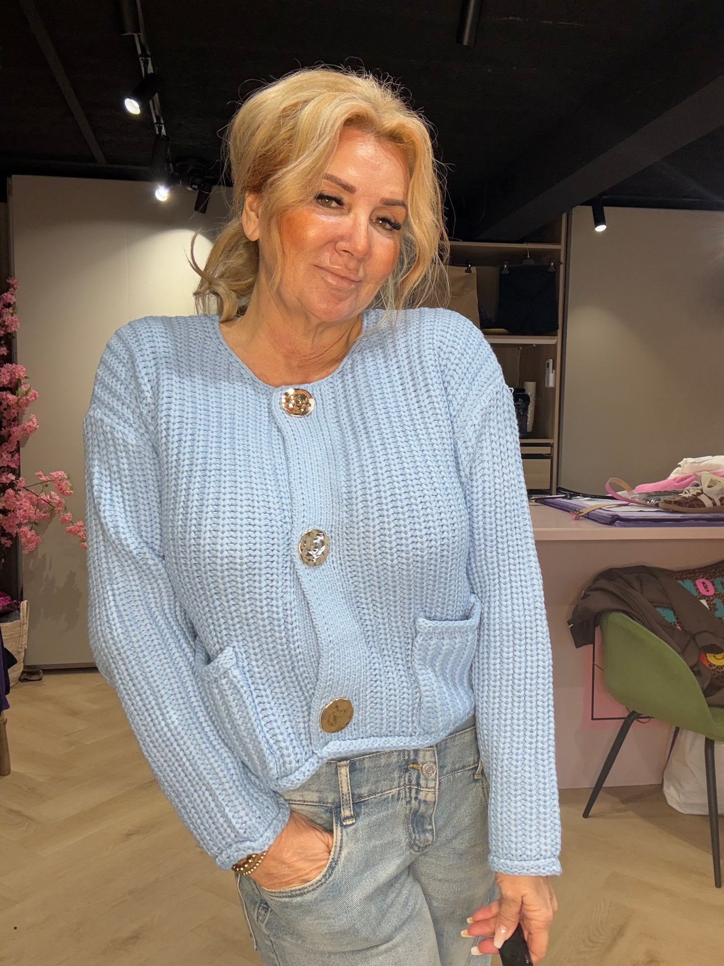 Vest Grote Gouden knoop Licht Blauw