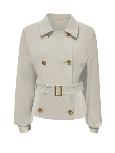 Triple Nine JA92414 beige travel trench jacket met goudkleurige knopen en ceintuur, voorzijde