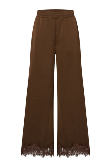 Mi Piace MP202907 broek Chestnut met wijde pijpen en kanten zoom, voorzijde