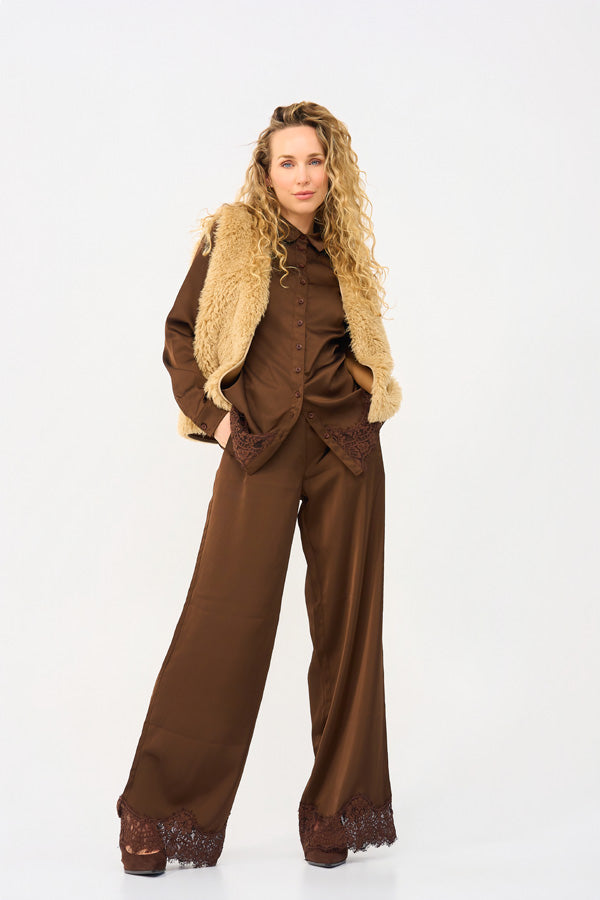 Mi Piace-broek i Chestnut - satin med blondekant | MP202907