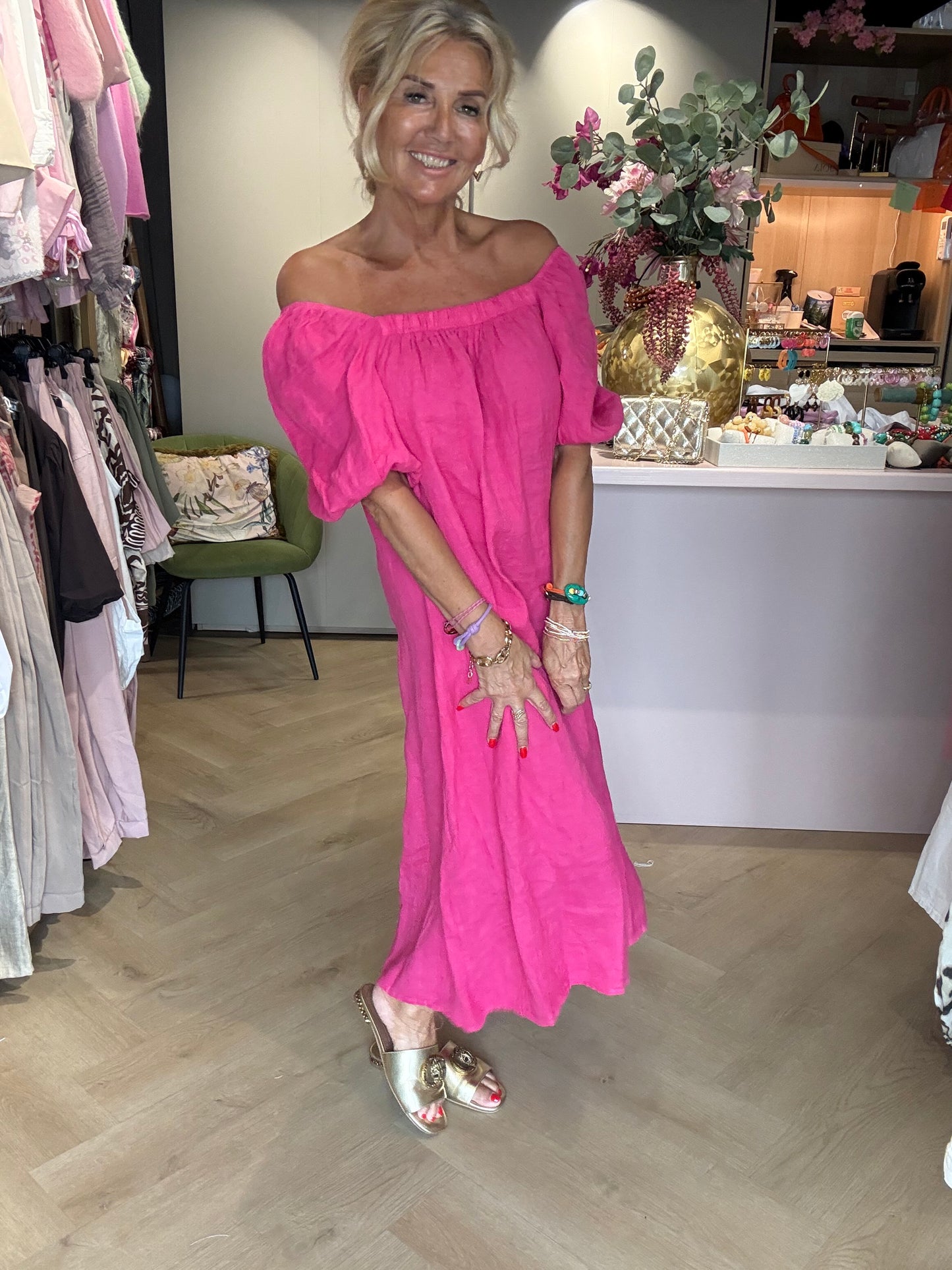 Jurk linnen Off shoulder Fuchsia