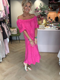 Jurk linnen Off shoulder Fuchsia