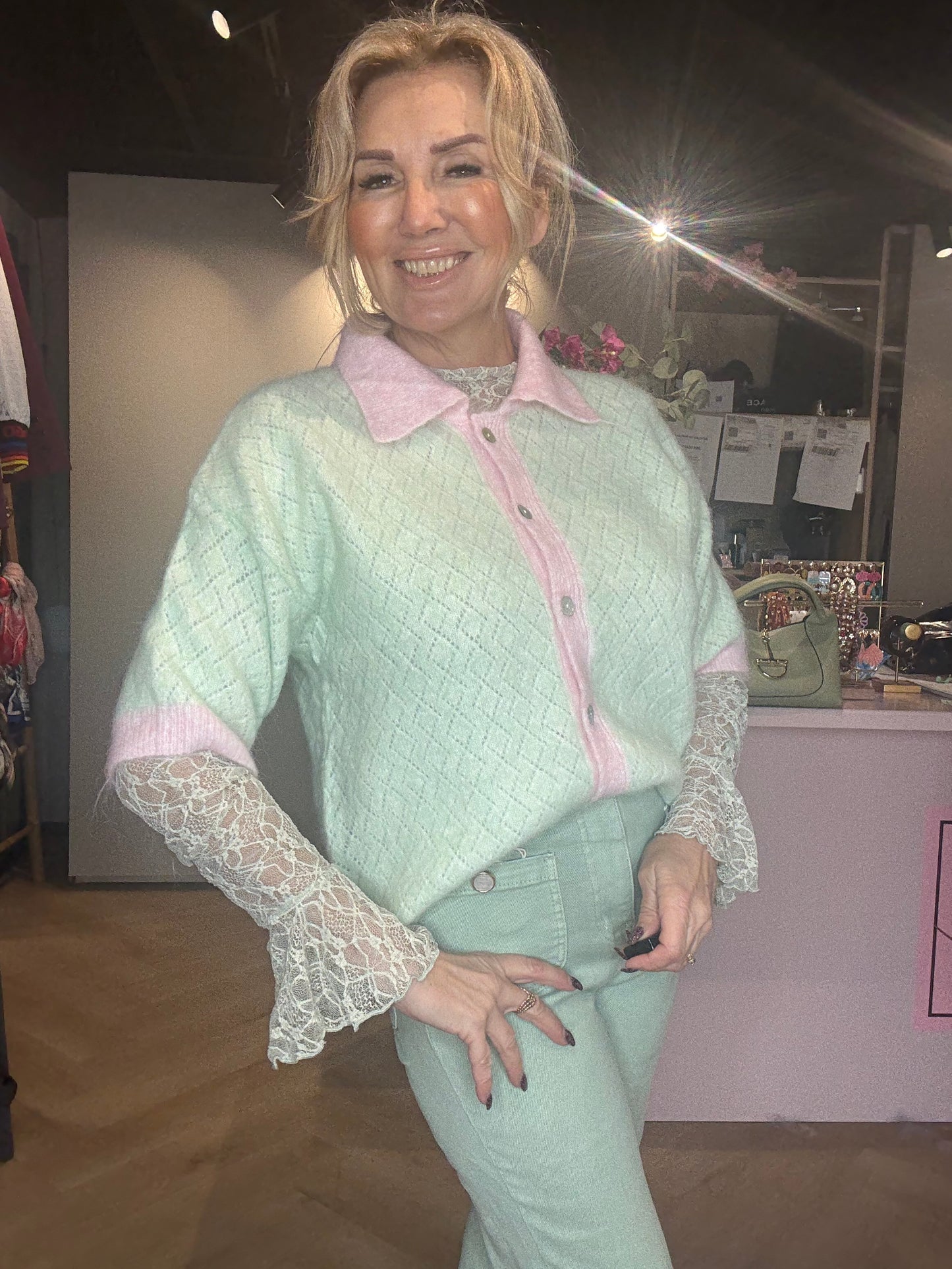 Vestje Ajour korte mouw Mint / Rose
