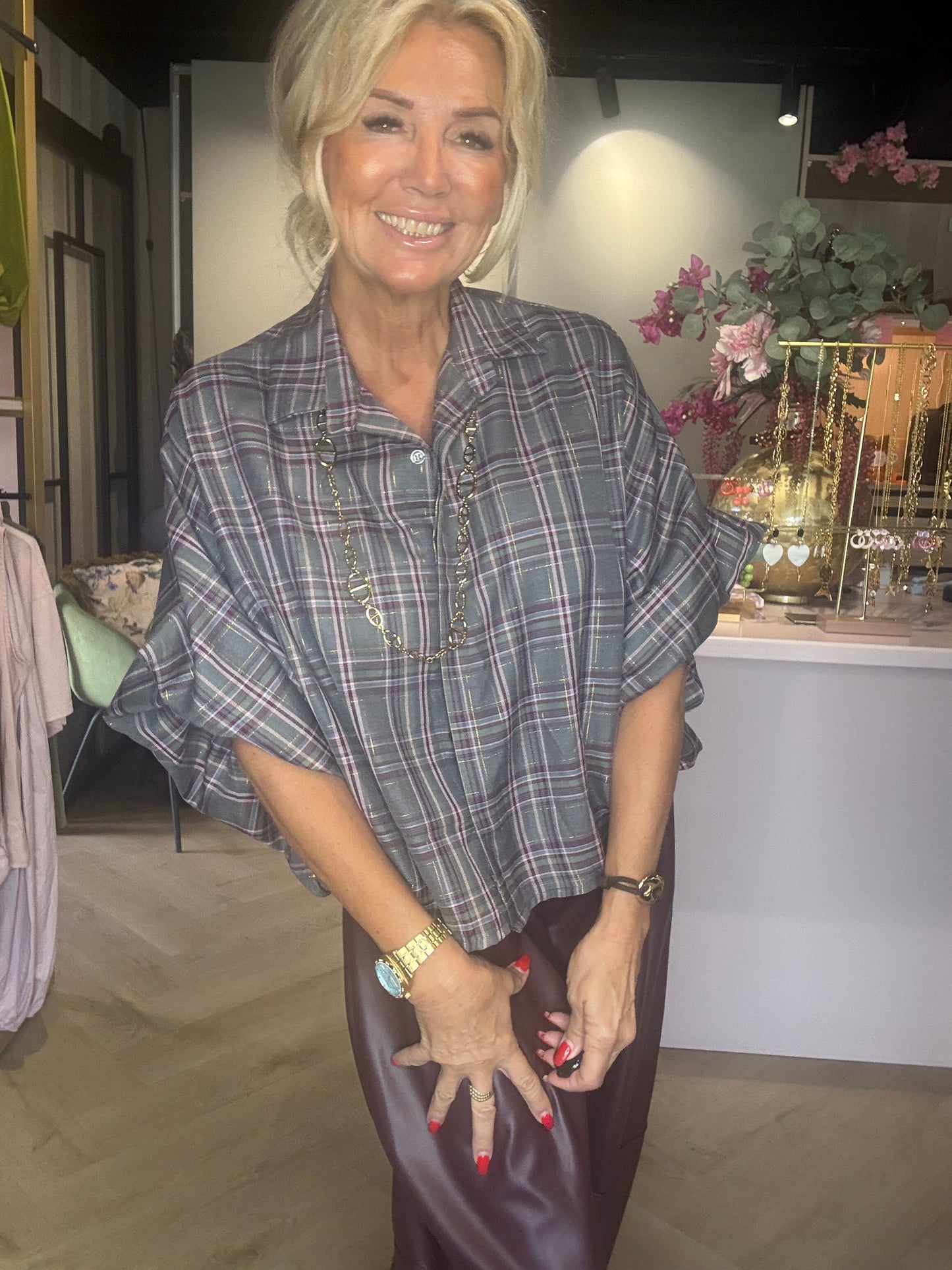 Blus Emma grå taupe/bordeaux