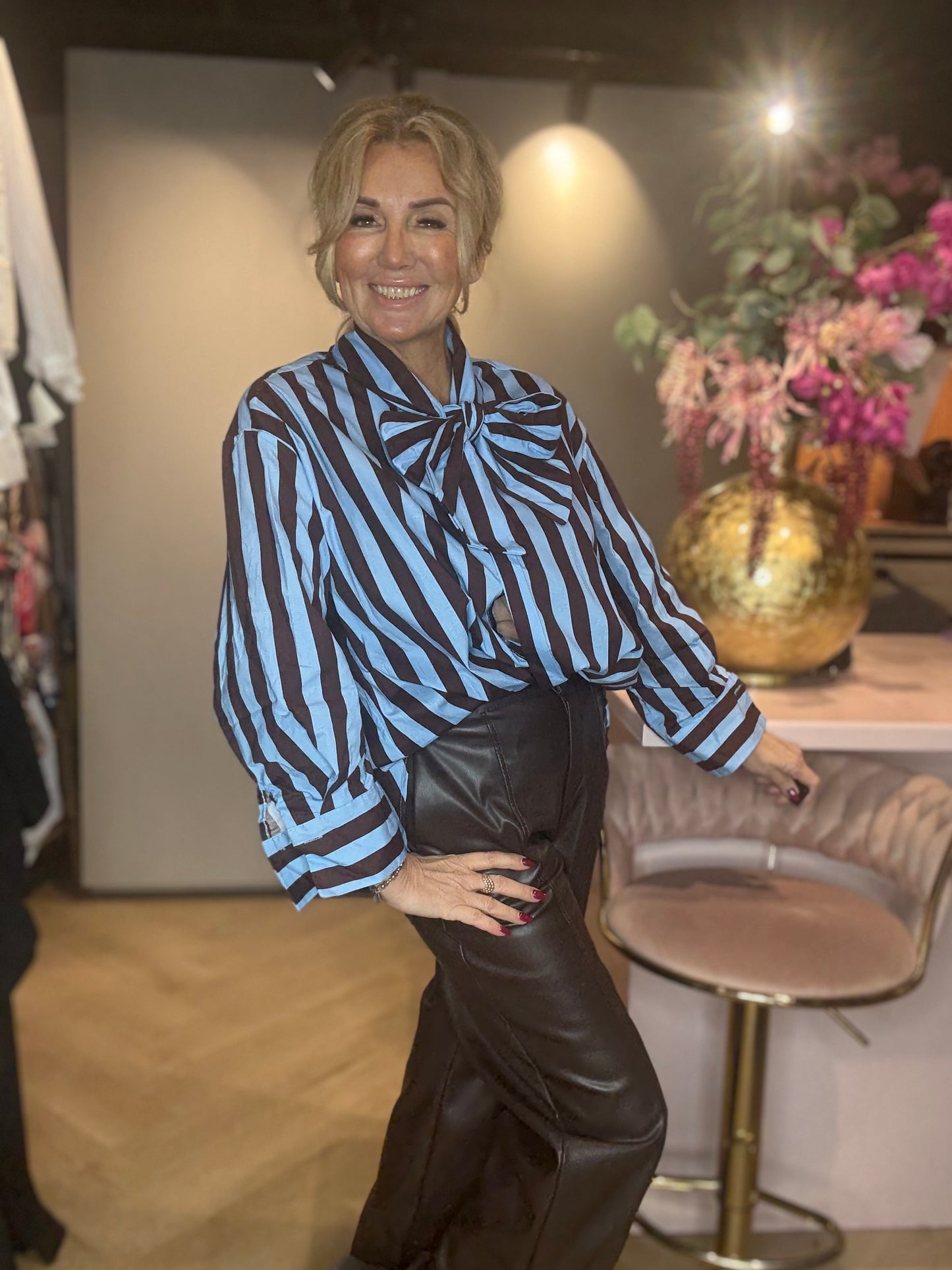 Blouse Bruin Streep Bow