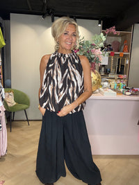 Top halter Bruin Zwart Beige penseel print