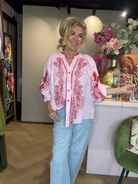 Blouse bohème style rose/rose brodée ouverte