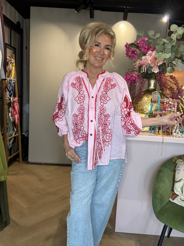 Bluse Boho Stil Rose/ Pink Broderet Åben