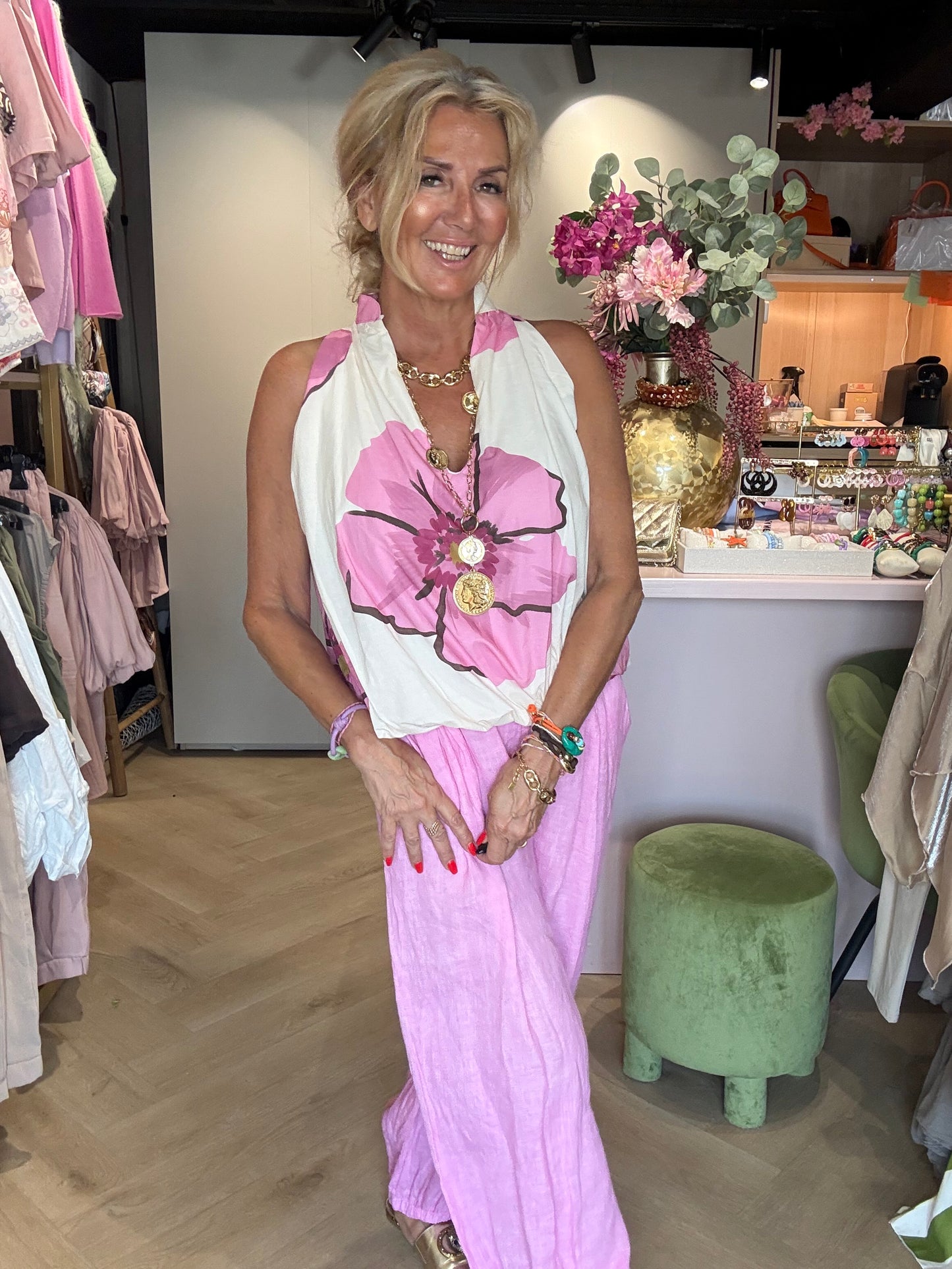Pantalones de lino globo rosa