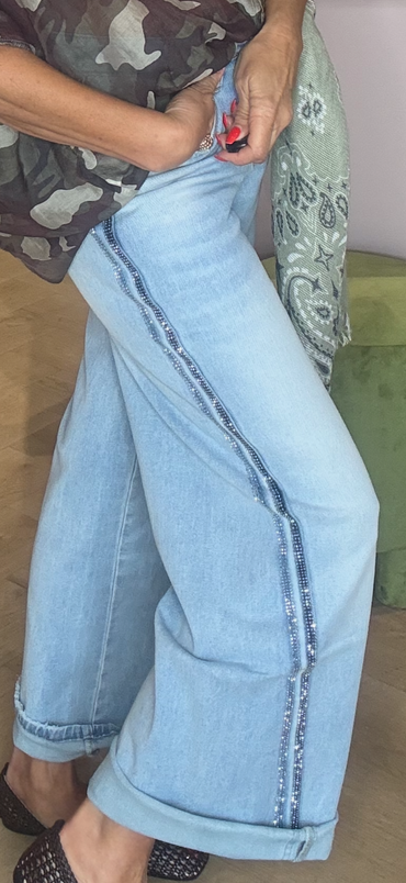 Jeansbukser med striber og strass