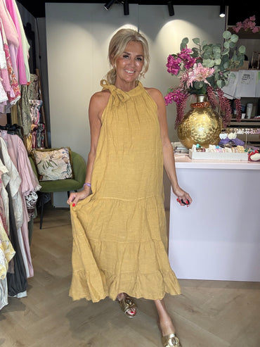 Leinenkleid senfgelb mit Neckholder und Schleife