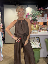 2 Delige set choco bruin 🤎Linnen look Halter model