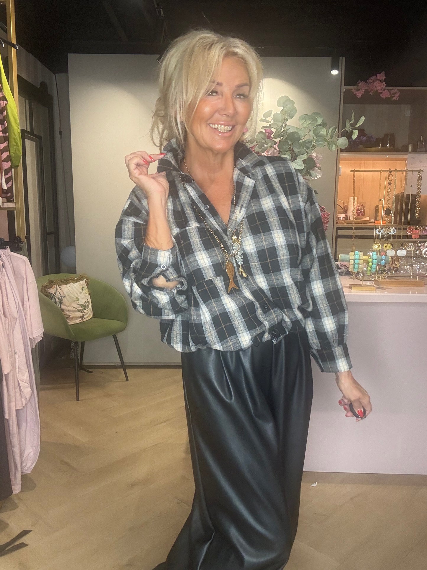 Flanelljakke med tern, sort, knapper