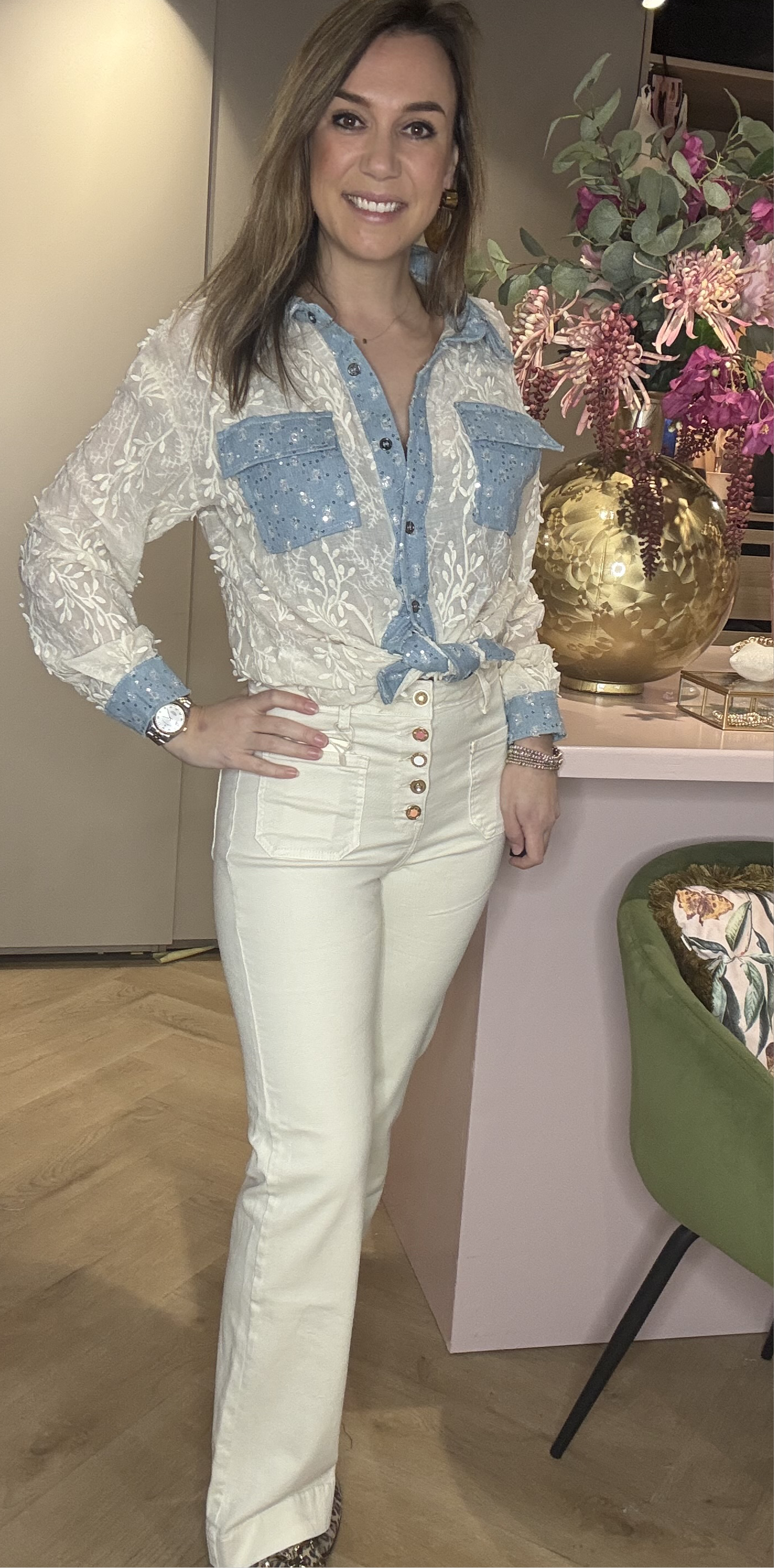 Broek Jeans Knoop detail Crème