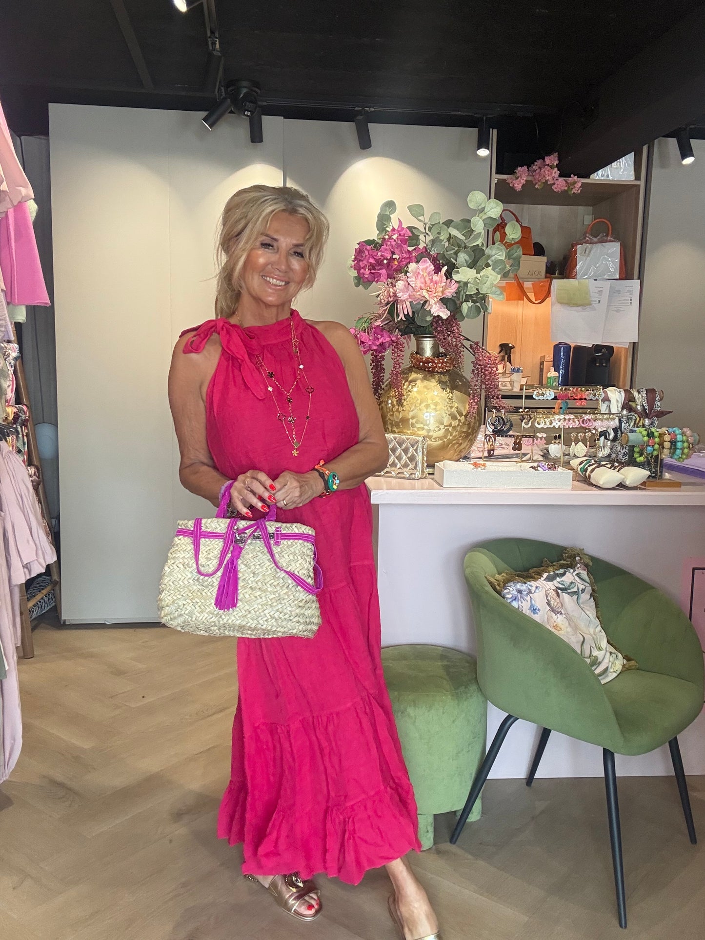 Jurk linnen halter strik fuchsia
