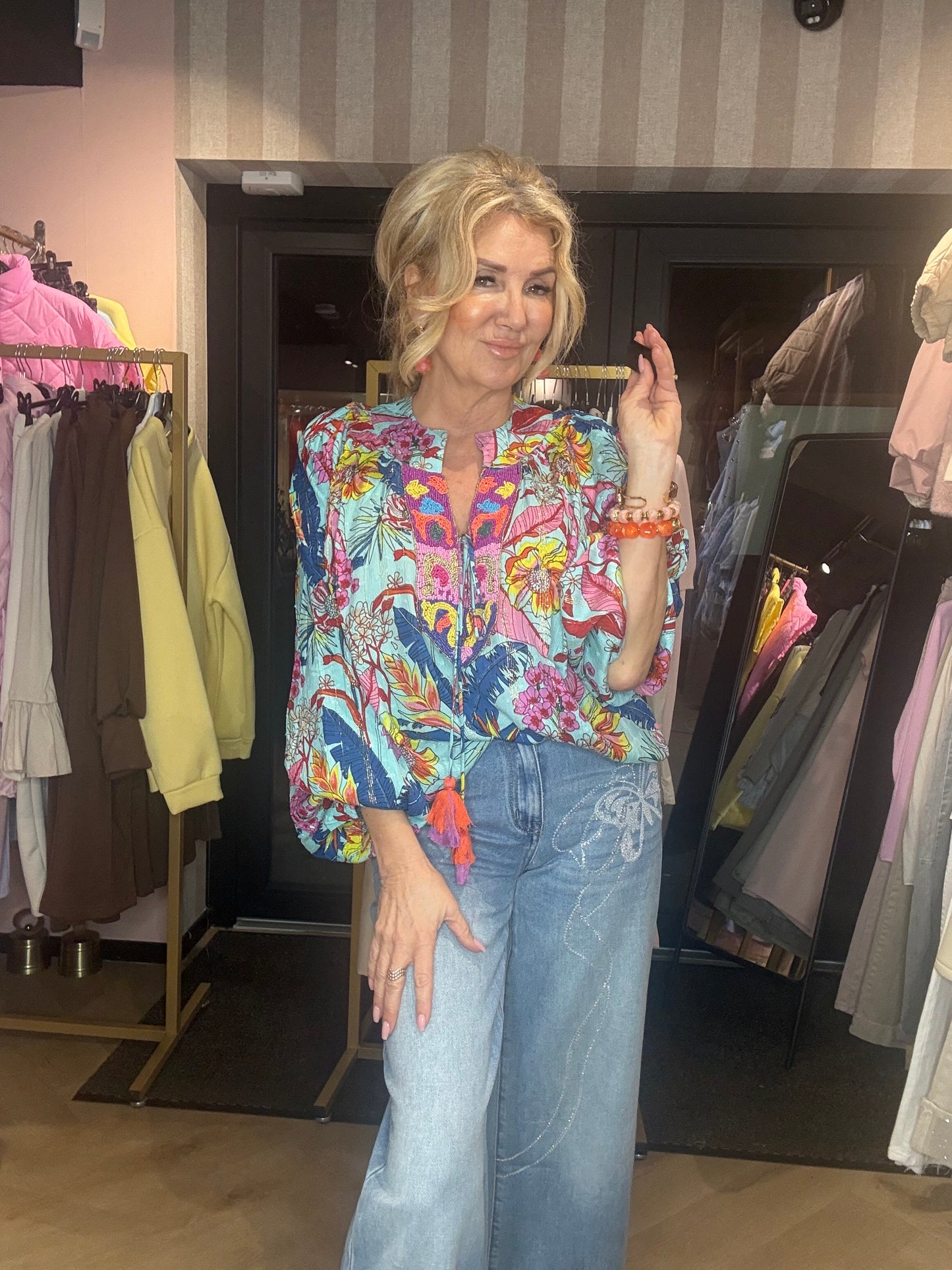 Blouse BOHO Flower Blauw  / Turqoise