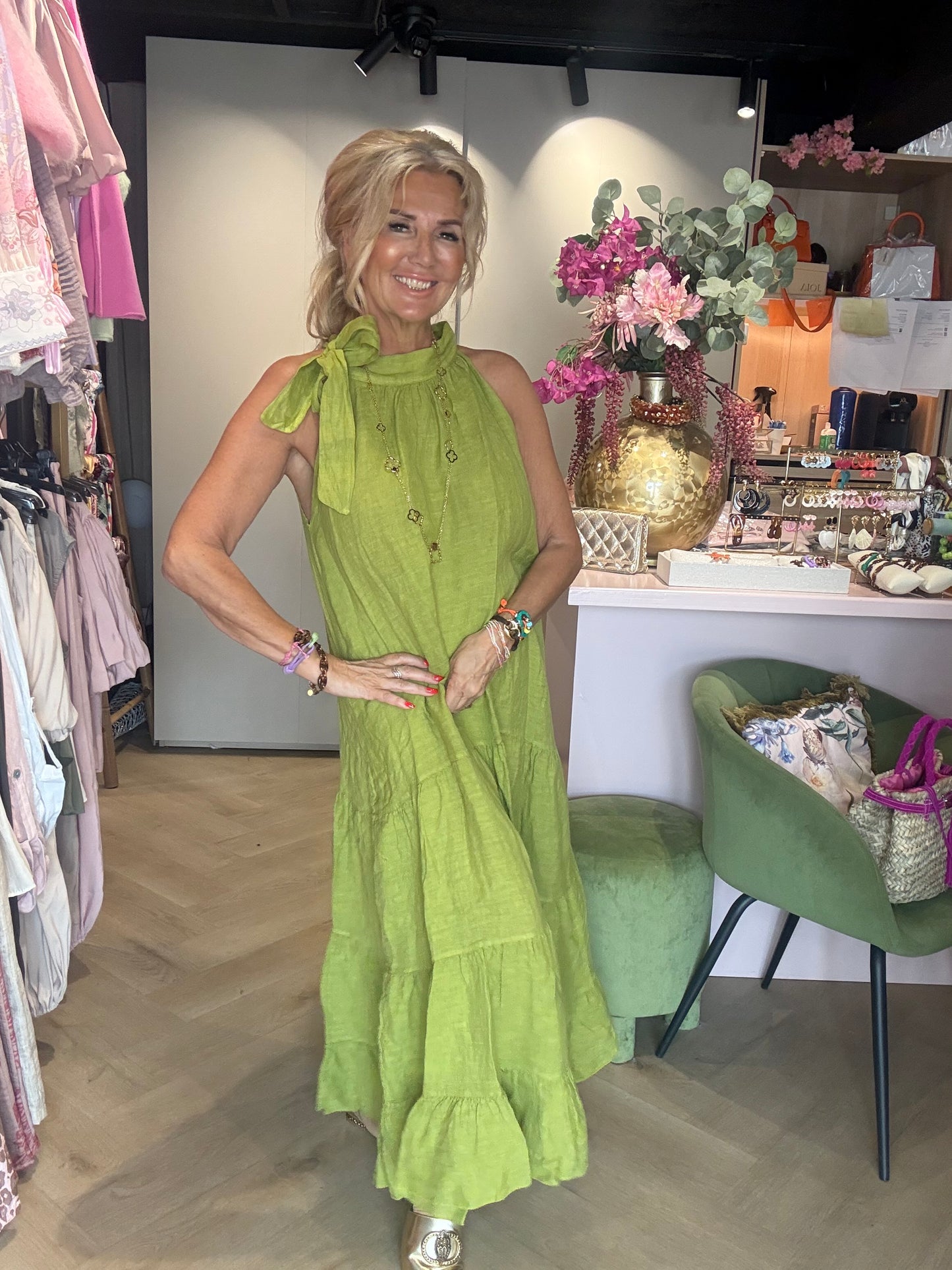 Jurk linnen halter strik Matcha