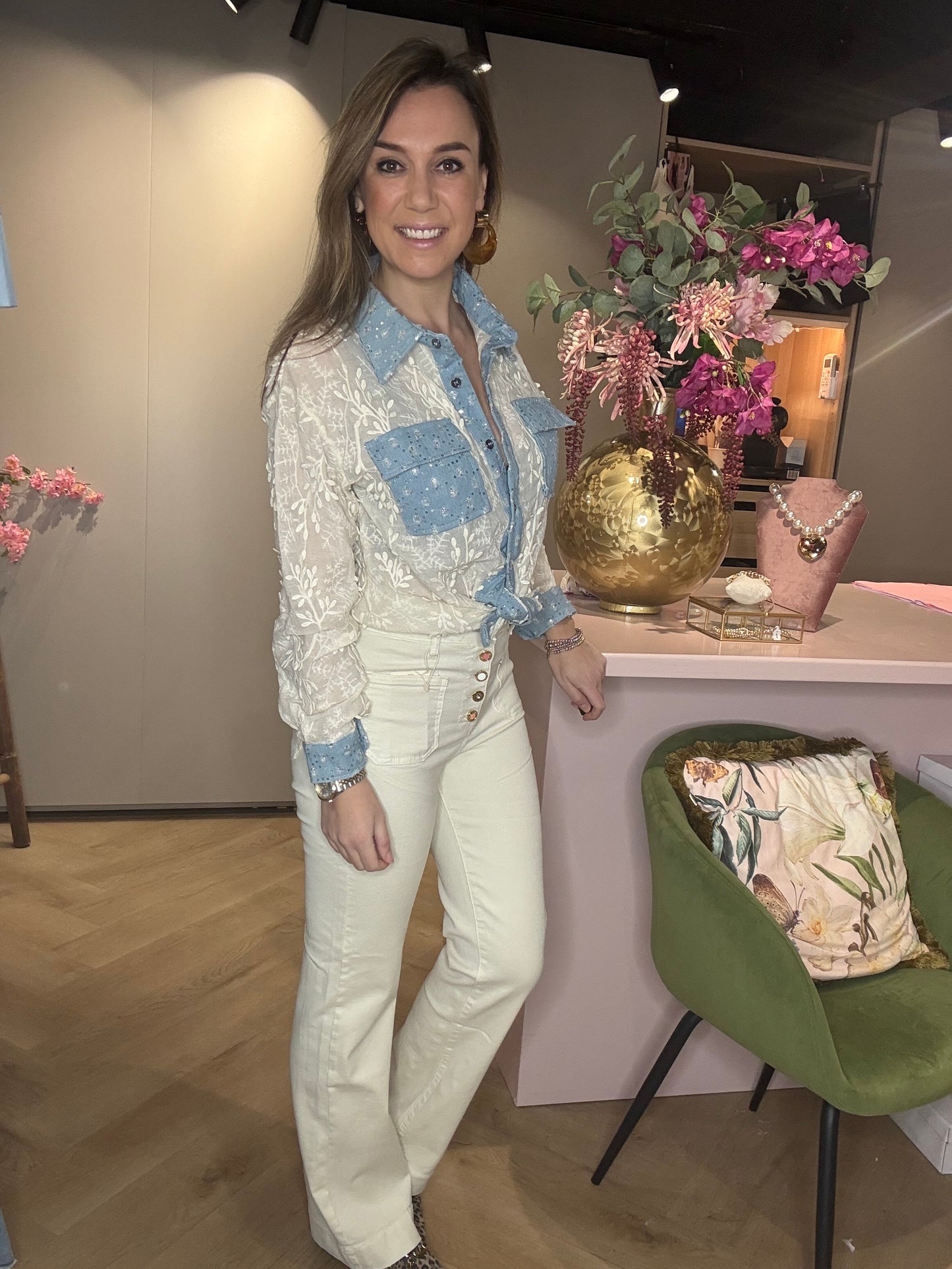 Broek Jeans Knoop detail Crème