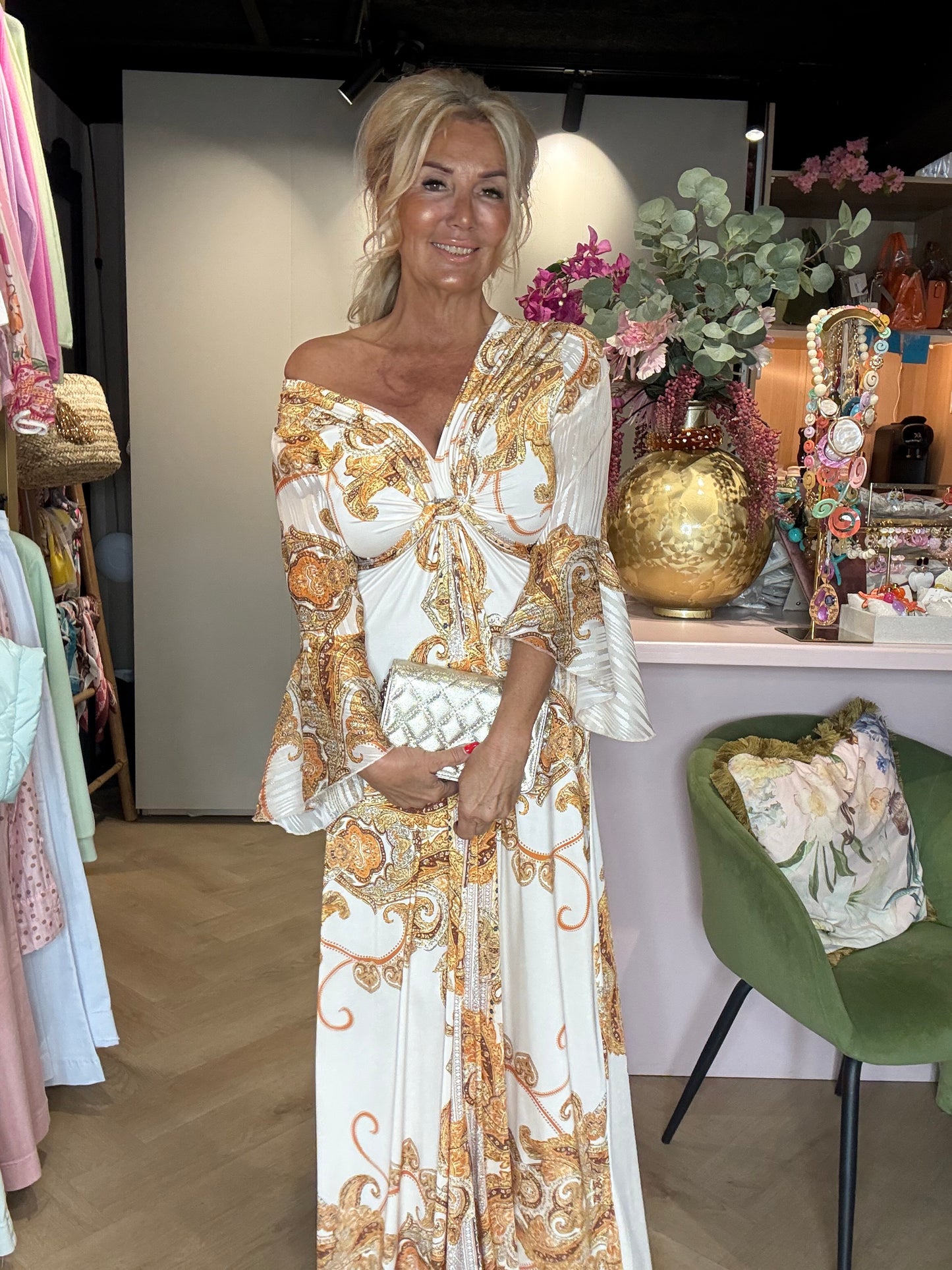 Robe longue Versace imprimé crème