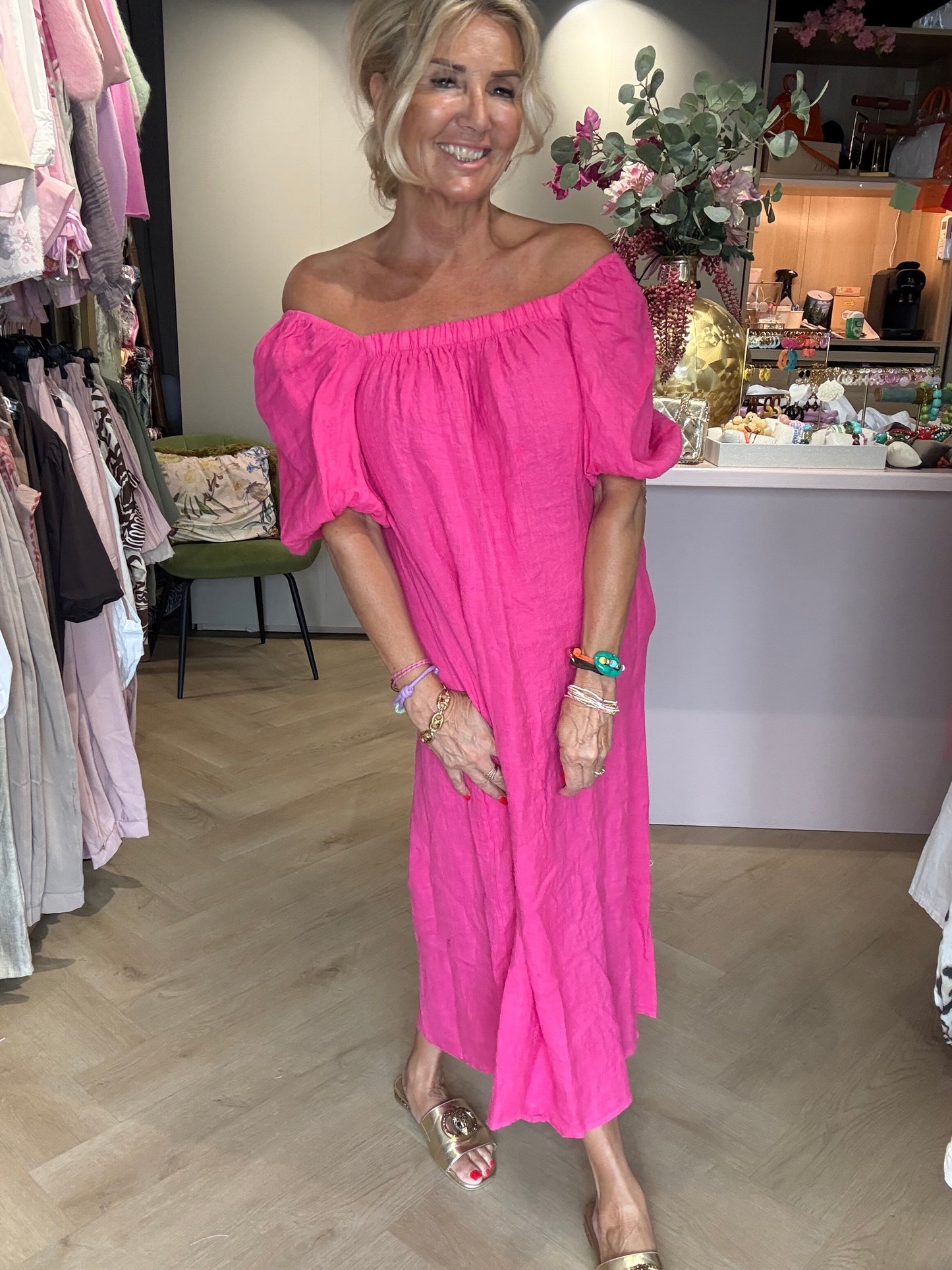 Jurk linnen Off shoulder Fuchsia