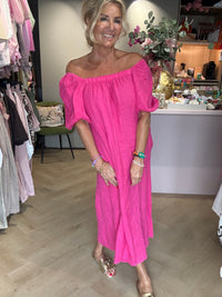 Jurk linnen Off shoulder Fuchsia